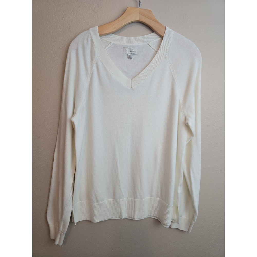 Lucky Brand Sweater Women's Size Medium Ivory Soft Knit V Neck Lightweight